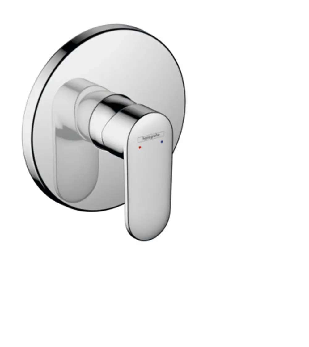 Unterputz-Einhebelmischer in Chromoptik von Hansgrohe, geeignet für die Montage in Bad oder Dusche, mit farblichen Markierungen für warmes und kaltes Wasser.